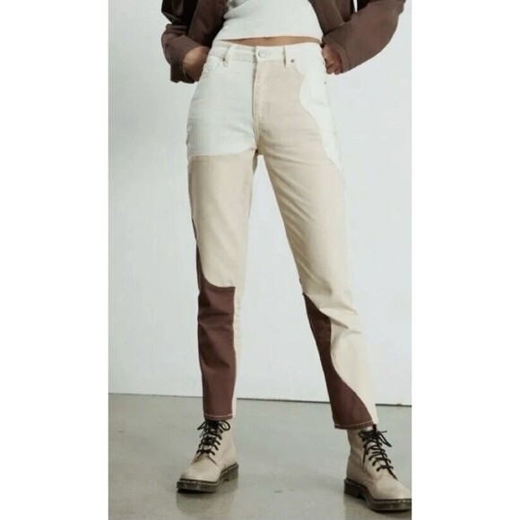 PacSun Eco Tan & Brown Paneled Color Block Mom Straight Leg Jeans Women Size 29 - Picture 1 of 7